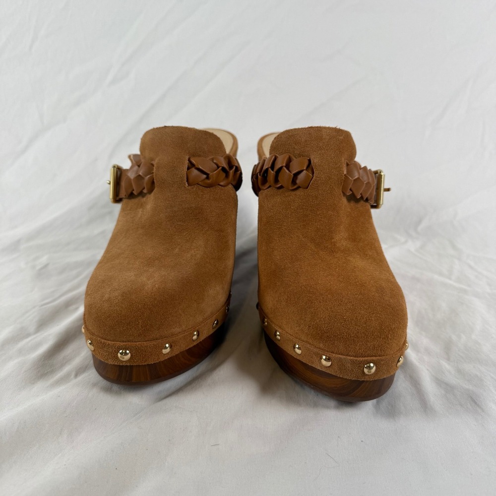 Vince Camuto Crashell Tan Suede Platform Clogs Braided Buckle Mules Studded 9.5 - Picture 2 of 9